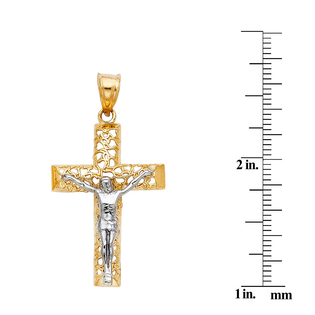 Genuine 14k Two-Tone Gold 1.37" Flat Cut-out Fancy Crucifix Religious Pendant For Men or Women - Christian Jewelry, Religious Gifts