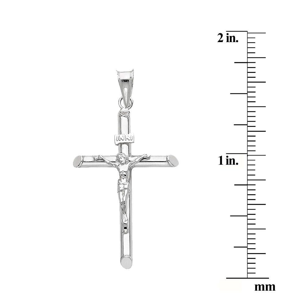 Genuine 14k White Gold 1.57" Hollow Tube Crucifix Pendant For Men or Women - Christian Jewelry, Religious Gifts