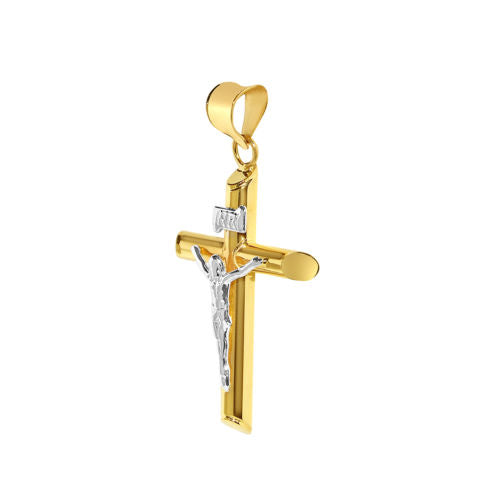 Genuine 14k Two-tone Gold 1.37" Hollow Tube Crucifix Pendant For Men or Women - Christian Jewelry, Religious Gifts