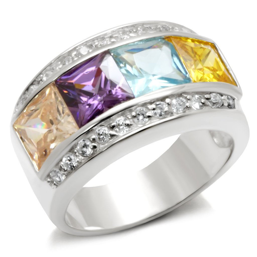 High Polished 925 Sterling Silver Ring with AAA Grade CZ in Multi Color