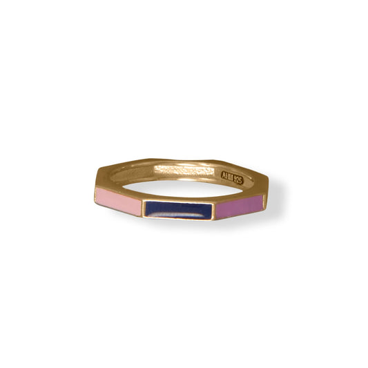 14k Gold Plated Sterling Silver Rainbow Enamel Flat Edged Ring
