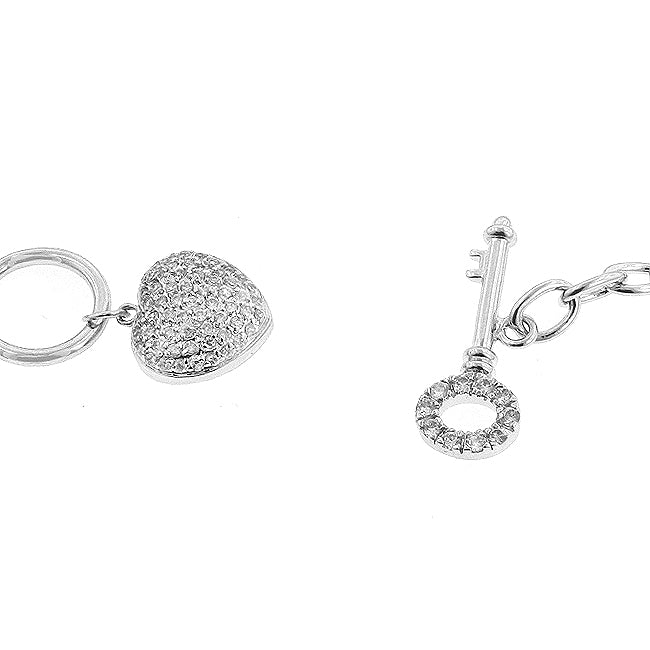 Silvertone Cubic Zirconia Heart and Key Ladies Bracelet