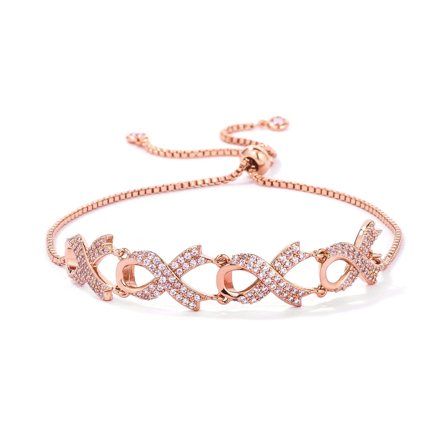 Silvertone or Rose Goldplated Cubic Zirconia Pink Ribbon Bracelet