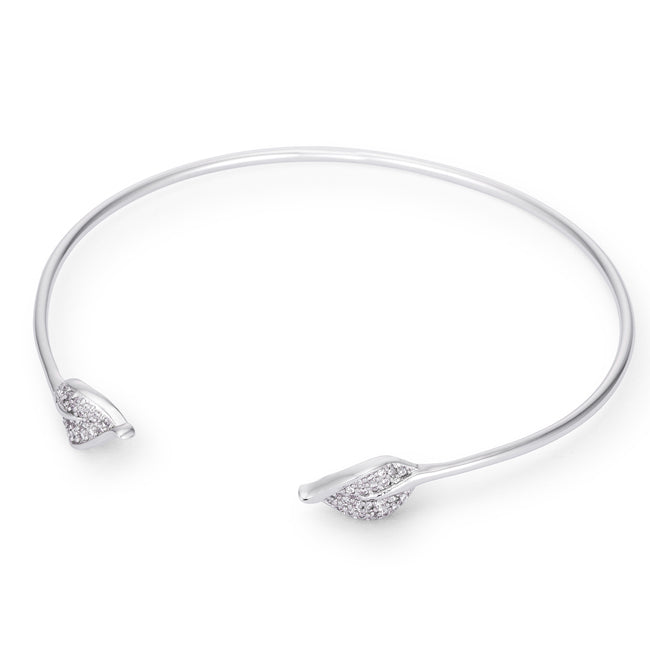 Silvertone Cuff Bracelet with Cubic Zirconia Leaf Accents