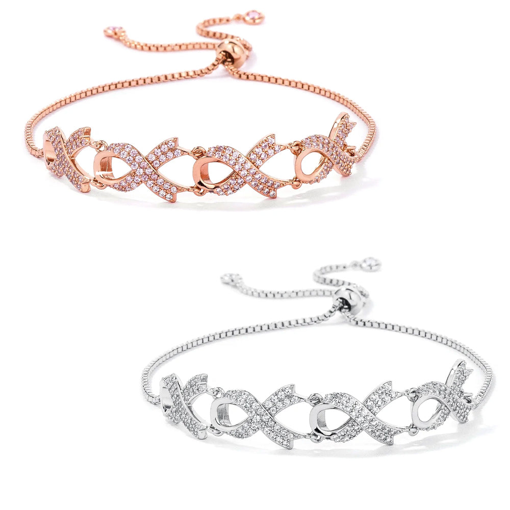 Silvertone or Rose Goldplated Cubic Zirconia Pink Ribbon Bracelet