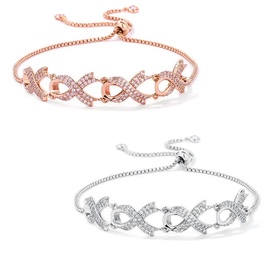 Silvertone or Rose Goldplated Cubic Zirconia Pink Ribbon Bracelet