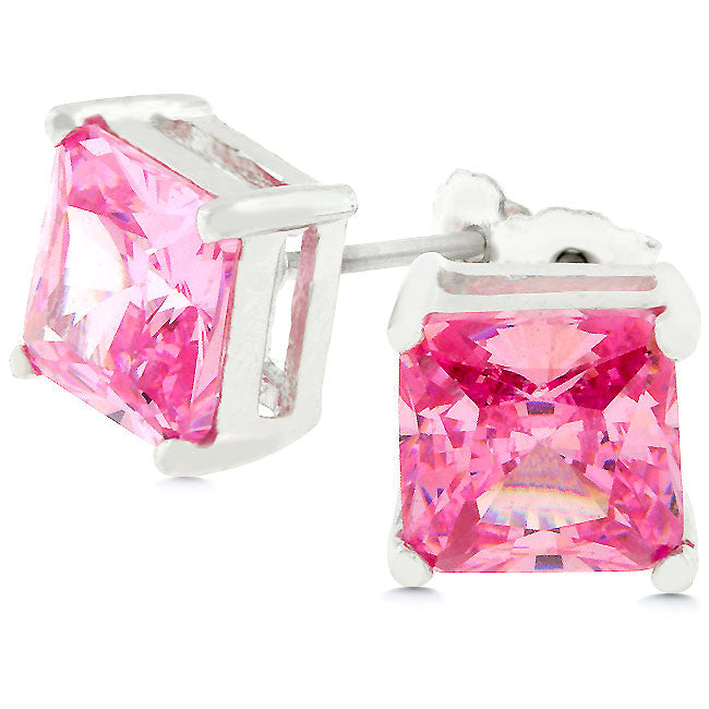 Sterling Silver 7 mm Princess-Cut Pink Cubic Zirconia Earrings