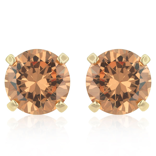 Goldtone 10mm Round Champagne Cubic Zirconia Stud Earrings