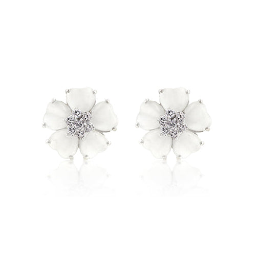 Precious Stars Silvertone Cats Eye and Cubic Zirconia Flower Earrings Studs