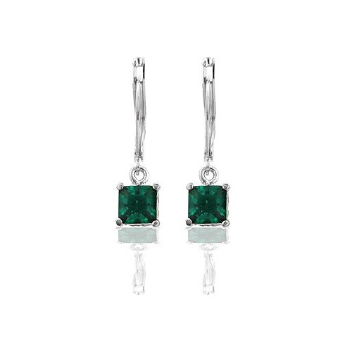 Precious Stars Silvertone Green Square Cubic Zirconia Leverback Dangling Earrings