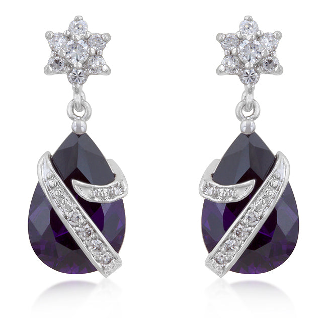 Silvertone Purple Cubic Zirconia Wrapped Teardrop Earrings