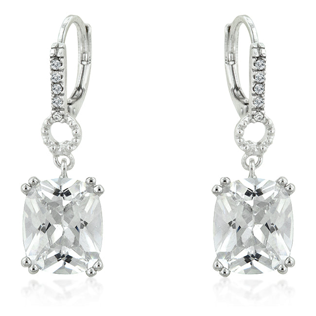 Silvertone Square Cubic Zirconia Dangling Leverback Earrings