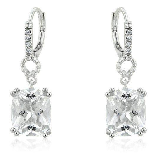Silvertone Square Cubic Zirconia Dangling Leverback Earrings