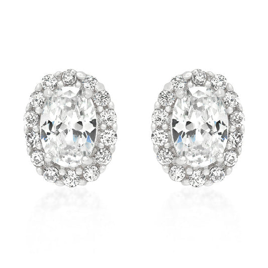 Precious Stars Silvertone Clear Cubic Zirconia Oval Halo Stud Earrings