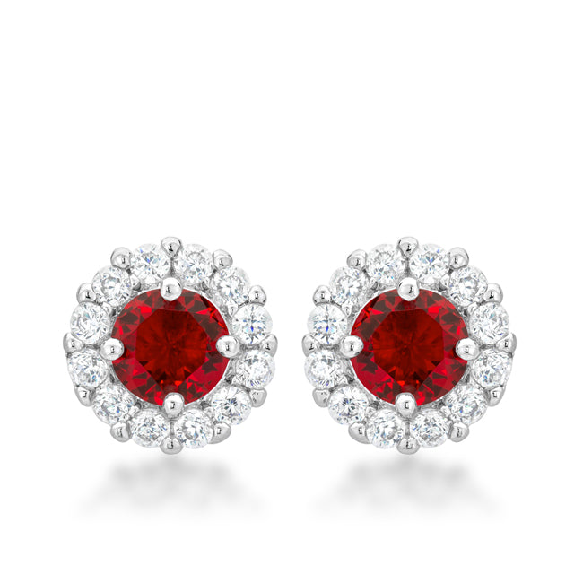 Silvertone Red Cubic Zirconia Halo Stud Earrings