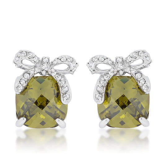 Silvertone Olive Cubic Zirconia Bow Stud Earrings