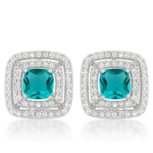 Precious Stars Silvertone Aqua Square Cubic Zirconia Halo Stud Earrings