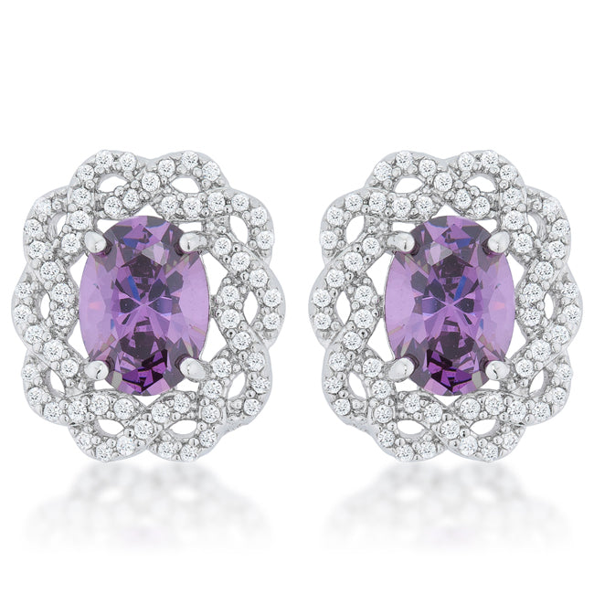 Precious Stars Silvertone Purple Twisted Halo Cubic Zirconia Stud Earrings