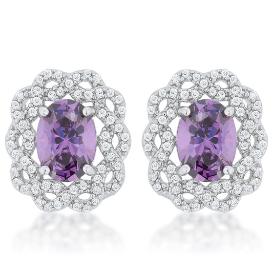 Precious Stars Silvertone Purple Twisted Halo Cubic Zirconia Stud Earrings