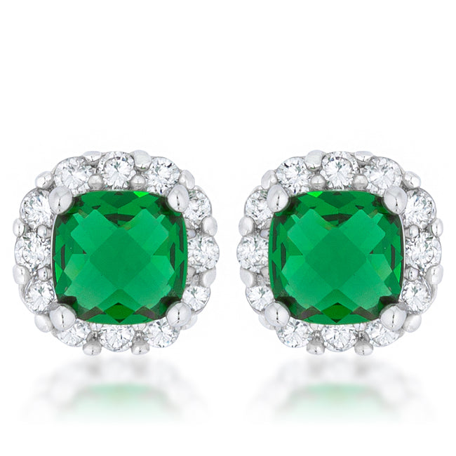 Precious Stars Silvertone Square Green Cubic Zirconia Halo Stud Earrings