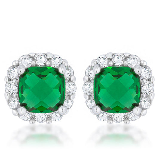 Precious Stars Silvertone Square Green Cubic Zirconia Halo Stud Earrings