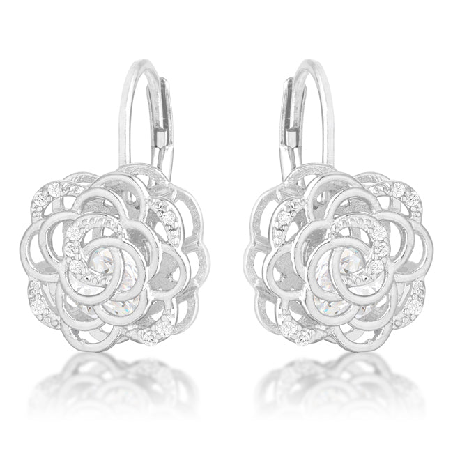 Silvertone Cubic Zirconia 3D Rose-Shape Drop Earrings