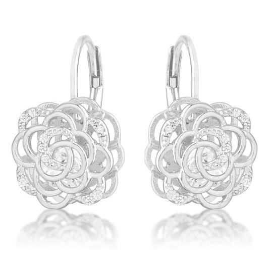 Silvertone Cubic Zirconia 3D Rose-Shape Drop Earrings