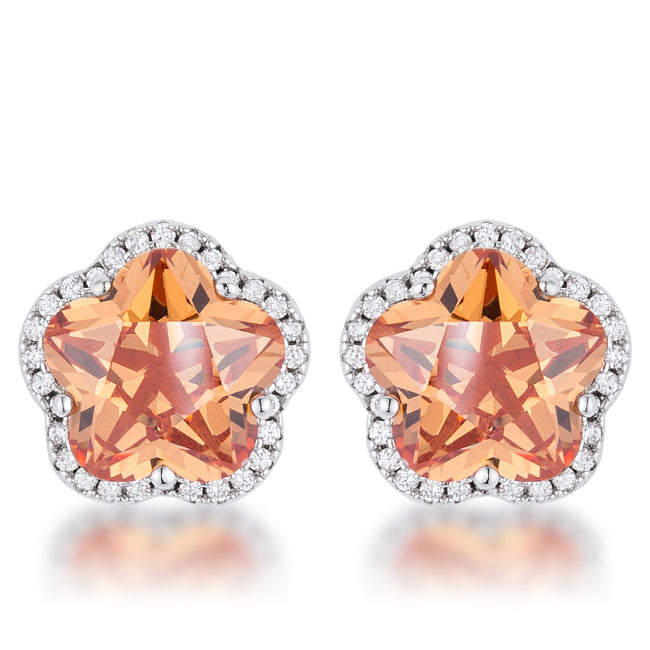 Silvertone Orange Cubic Zirconia Flower Stud Earrings