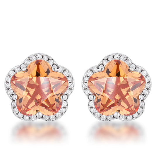 Silvertone Orange Cubic Zirconia Flower Stud Earrings