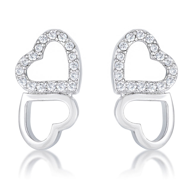 Silvertone Cubic Zirconia Double Heart Earrings Studs