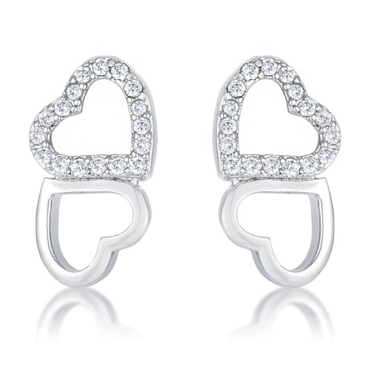 Silvertone Cubic Zirconia Double Heart Earrings Studs