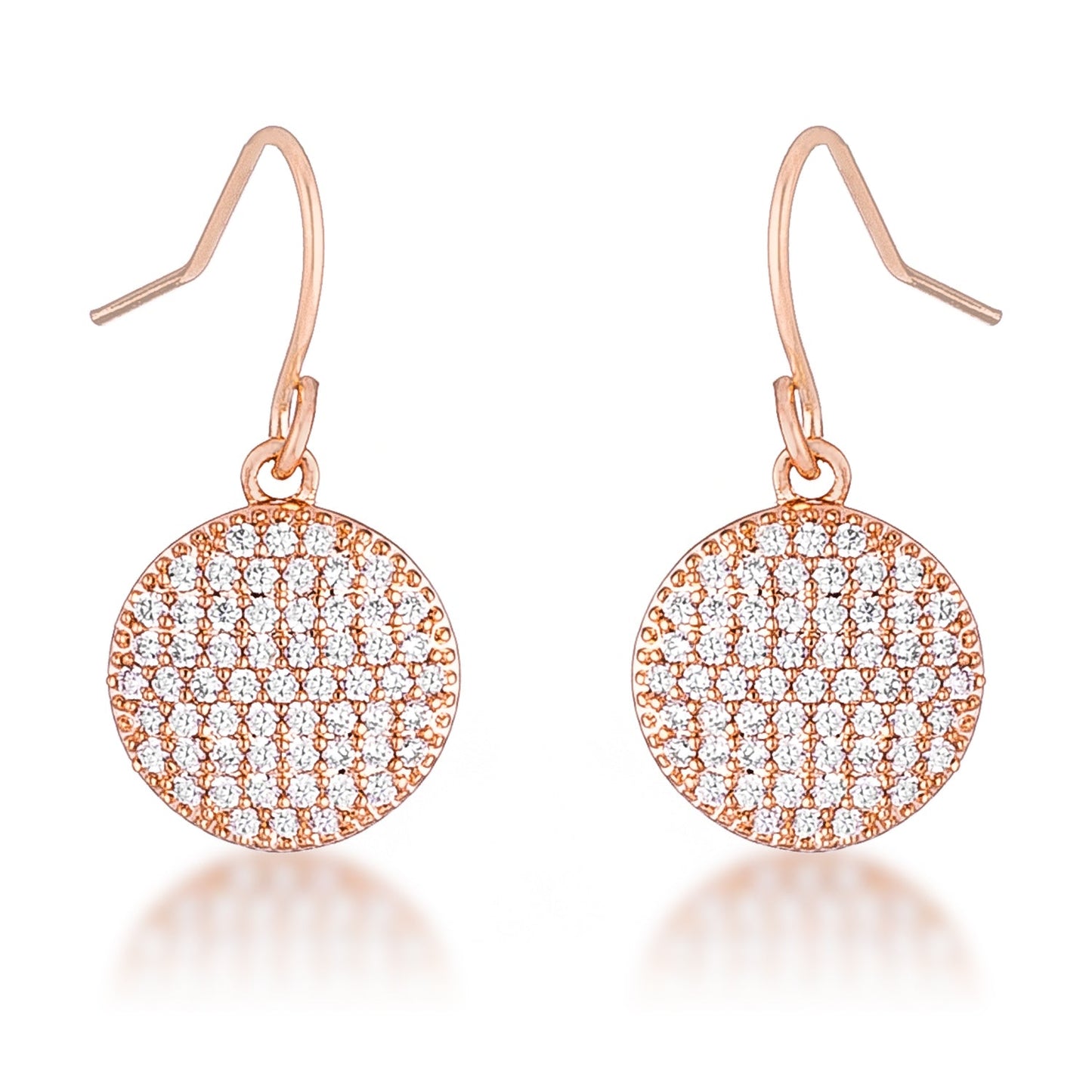 Rose Goldtone Cubic Zirconia Round Disc Dangling Hook Earrings