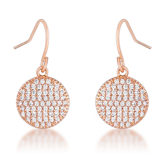 Rose Goldtone Cubic Zirconia Round Disc Dangling Hook Earrings