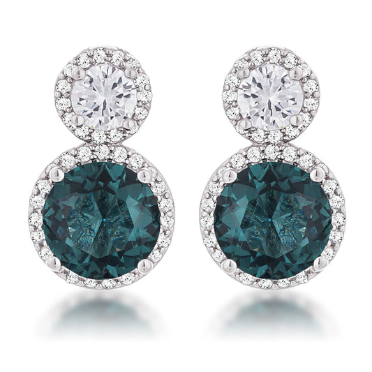 Silvertone Blue-Green Cubic Zirconia Double Halo Drop Earrings