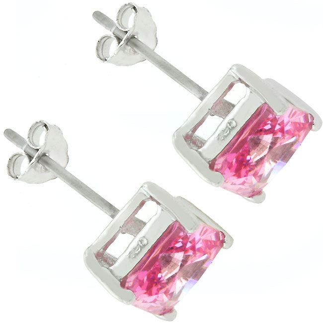 Sterling Silver 7 mm Princess-Cut Pink Cubic Zirconia Earrings