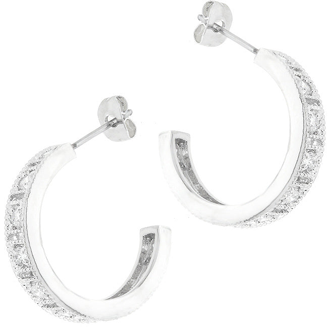 Precious Stars Silvertone 2 mm Round-Cut Cubic Zirconia Semi-Hoop Earrings