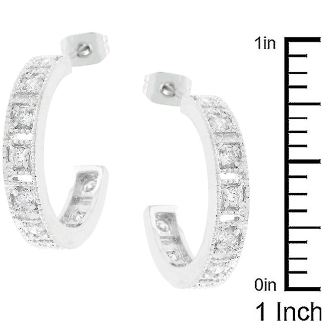 Precious Stars Silvertone 2 mm Round-Cut Cubic Zirconia Semi-Hoop Earrings
