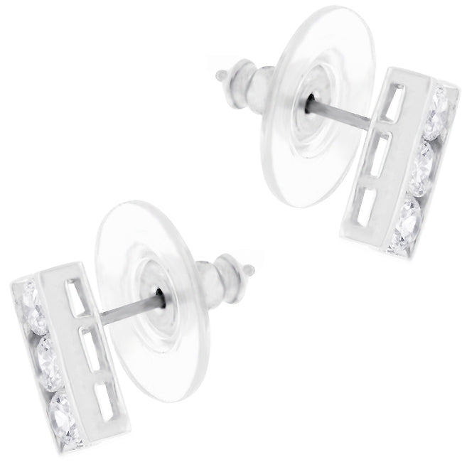 Silvertone Channel-Set Cubic Zirconia Bar Earring Studs