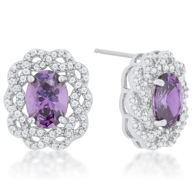 Precious Stars Silvertone Purple Twisted Halo Cubic Zirconia Stud Earrings