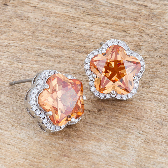 Silvertone Orange Cubic Zirconia Flower Stud Earrings