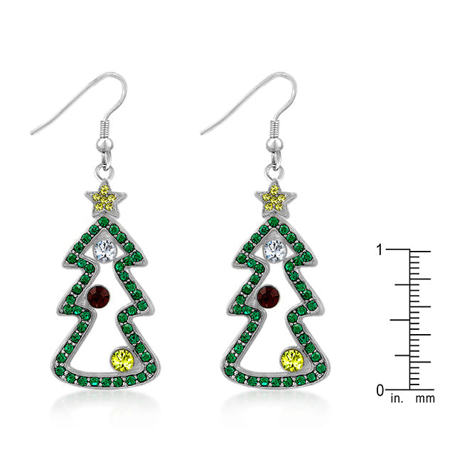 Silvertone Multicolor Cubic Zirconia Christmas Tree Earrings