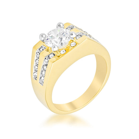 Precious Stars Goldtone Men's Round-Cut Clear Cubic Zirconia Fancy Ring