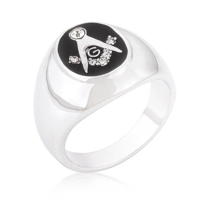 Precious Stars Silvertone Men's Black Onyx and Clear Cubic Zirconia Masonic Ring