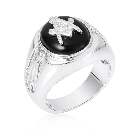 Precious Stars Silvertone Men's Black Onyx Masonic Ring