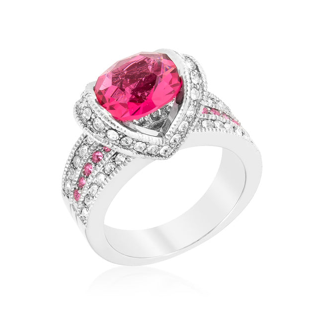 Precious Stars Rhodium Oval-Cut Pink and Clear Cubic Zirconia Fancy Ring