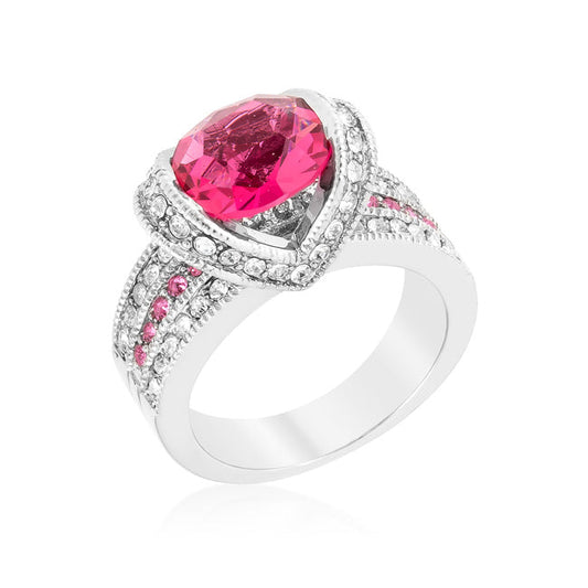 Precious Stars Rhodium Oval-Cut Pink and Clear Cubic Zirconia Fancy Ring