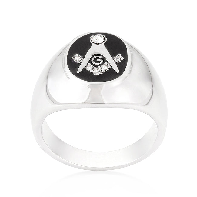 Precious Stars Silvertone Men's Black Onyx and Clear Cubic Zirconia Masonic Ring