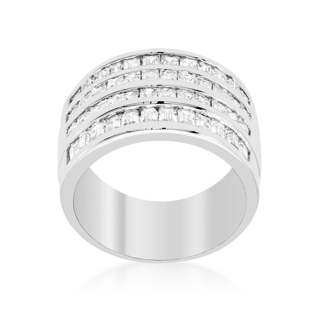 Precious Stars Silvertone Princess and Baguette-Cut Cubic Zirconia 4-Row Wide Band
