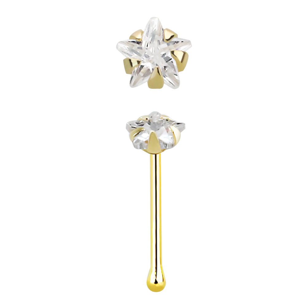 14K Yellow Gold Star-Shape Cubic Zirconia Nose Bone Stud - 22g