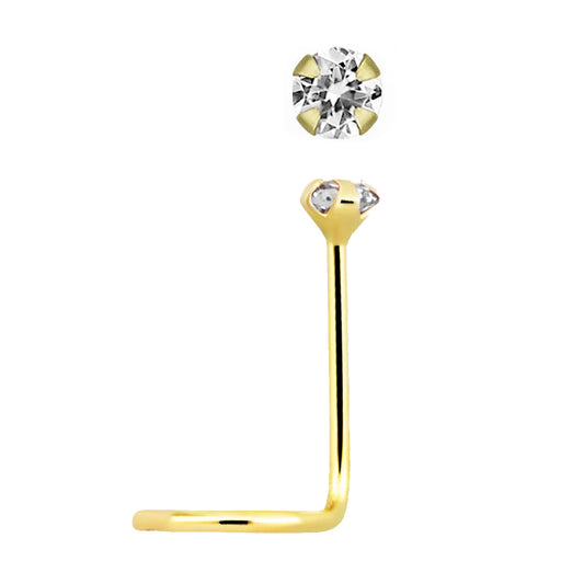 14K Yellow Gold Round Cubic Zironia Nose Stud Screw - 22g